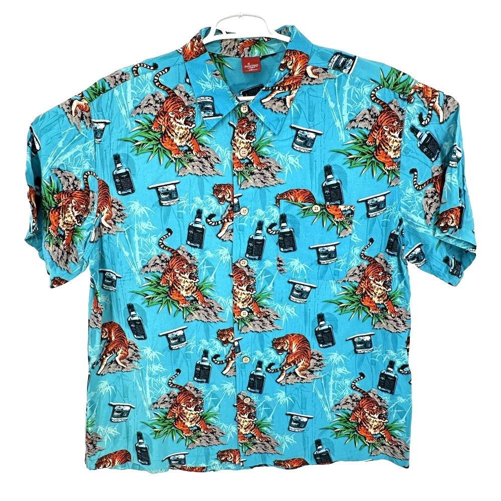 Junction West Hawaiian Shirt Mens 2XL Tiger Cocktail Tropical Button Up Blue